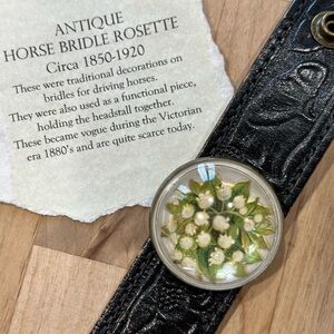 Black Leather Bracelet with Antique Horse Bridle Rosette Floral Design